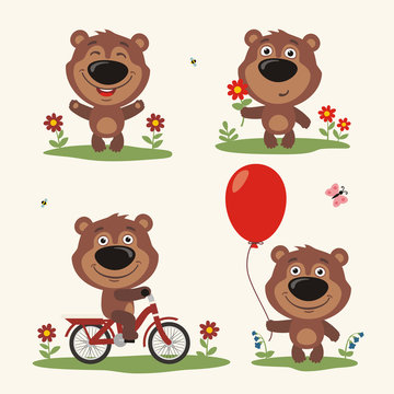 Vector set isolated bear plays in the meadow. Collection of teddy bear on bicycle, with balloon and flower in cartoon style.