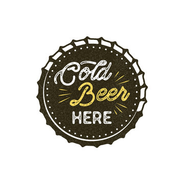 Vintage style beer badge. Ink stamp monochrome design. Cold beer here sign. Letterpress effect for t shirt printing, logotype, signage. Vector isolated on white background