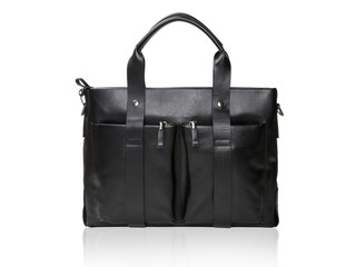 Modern black leather men casual or business briefcase isolated on white background. Black leather briefcase.