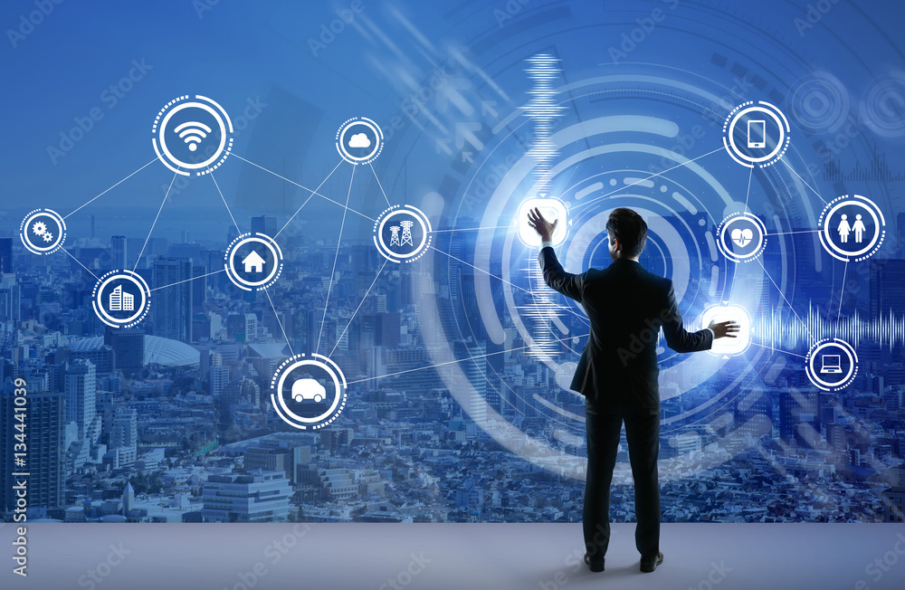 Poster young business person and graphical user interface concept, internet of things, information communic