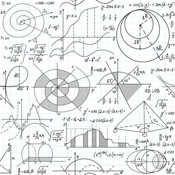 Math vector seamless pattern with formulas, figures and equations handwritten on grid copybook paper