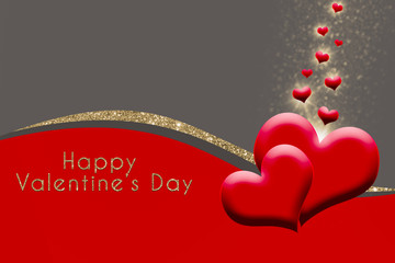 valentine's day card with hearts on grey, red, golden glitter background and golden text, love message for valentine's day,