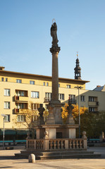 Fototapeta na wymiar Column with figure of Virgin Mary at Masaryk Square in Ostrava. Czech Republic