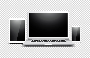 White laptop, tablet, phone on transparent background