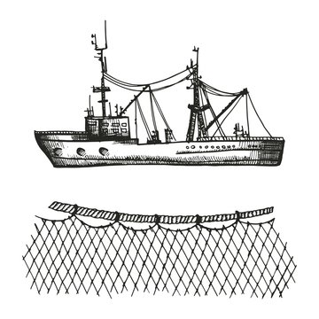 trawler and sketch. fishing nets and boat set of vector illustration