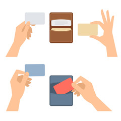 Businessman hands takes out a business card from holder, holds credit cards. Isolated on white flat concept illustration of cardholders, blanks. Vector infographic elements for web, presentations.