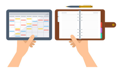 Hands are holding electronic and paper organizer and planner. Flat concept illustration of digital agenda on the tablet screen and business diary with leather cover. Vector schedule isolated on white.