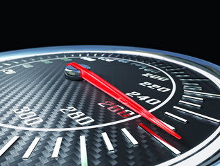  3d image of a speedometer with red pointer and carbon fiber background. speed concept. nobody...
