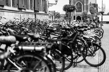 Bicycles parking in black and white in Delft