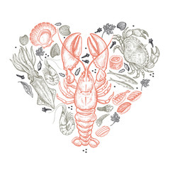 Seafood laid out in the form of heart.