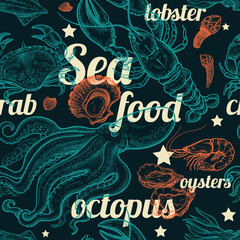 Seamless vector pattern with seafood.