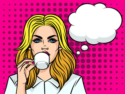 Beautiful women european type drinking coffee. Girl with cup of coffe on background of pop art style. Girls face with speech bubble and cup of tea in her hand.