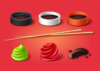 Set of sushi sauce, chopstick, wasabi and ginger with realistic 3d effect. Japanese food.