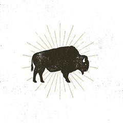 bison icon silhouette. Retro letterpress effect. Buffalo symbol with sunbursts isolated on white background. Use for steak house logo, infographics, logotype. Vector design - obrazy, fototapety, plakaty