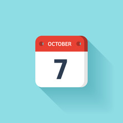 October 7. Isometric Calendar Icon With Shadow.Vector Illustration,Flat Style.Month and Date.Sunday,Monday,Tuesday,Wednesday,Thursday,Friday,Saturday.Week,Weekend,Red Letter Day. Holidays 2017.