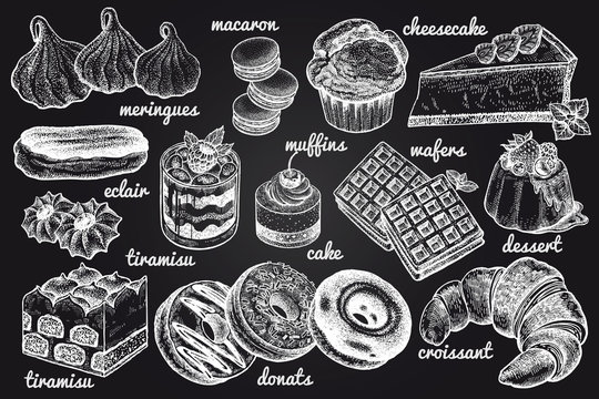 Desserts and inscriptions isolated white chalk on blackboard. Hand drawing illustration vector. Cheesecake, macaroons, meringues, muffin, waffles, donuts, croissant, cakes,  cookies, eclair, tiramisu.