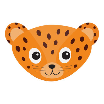 Jaguar Leopard head. Wild cat smiling face. Orange panther with spot. Cute cartoon character. Baby animal collection. Childish drawing. Isolated. White background. Flat design style.