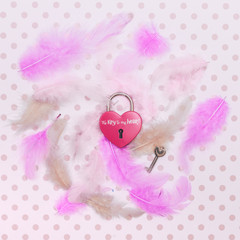 pink lock and key in shape of heart in the middle of the feathers. the concept of Valentine's day.