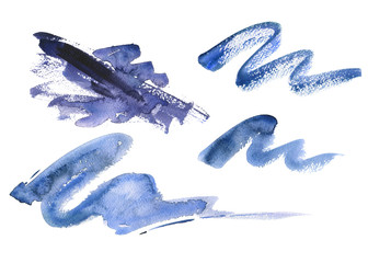 Set of hand drawn watercolor brush strokes. Purple, plum, eggplant and blue colors. Juicy and bright colors. It can be used for wrap, wallpaper, website, pattern, decor, print.