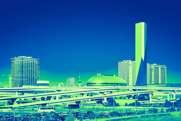 duo tone graphic of modern city and transportation