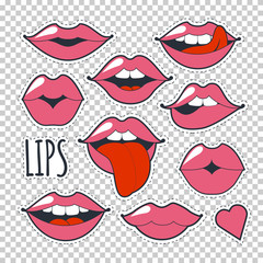 Set glamorous quirky icons. Vector illustration for fashion design. Bright pink makeup kiss mark. Passionate lips in cartoon style of the 80's and 90's isolated on a transparent background.