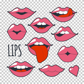 Set glamorous quirky icons. Vector illustration for fashion design. Bright pink makeup kiss mark. Passionate lips in cartoon style of the 80's and 90's isolated on a transparent background.