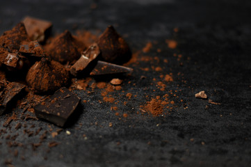 Set of chocolate, truffles and cocoa on rustic background