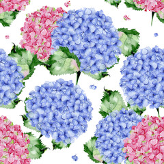 Watercolor hand painted backgrounds with hydrangea. Summer Vintage Floral seamless pattern with Blooming pink and blue Hydrangea flowers, botanical illustration on white in watercolor style.  - 134450678