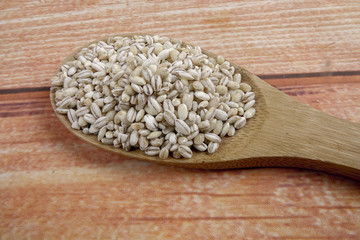 Organic barley grains on a wooden spoon over wooden background.