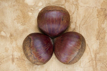 A background with three fresh raw chestnuts on an old piece of paper.