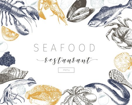 Vector hand drawn seafood banner.Lobster, salmon, crab, shrimp, ocotpus, squid, clams.