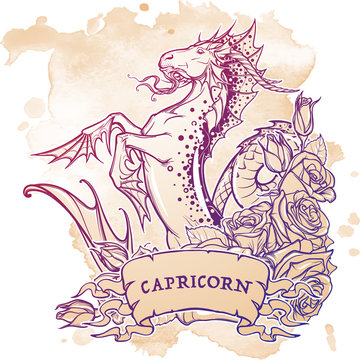 Zodiac sign Capricorn. Fantastic sea creature with body of a goat and a fish tail Decorative frame of roses. Vintage art nouveau style concept art for horoscope, tattoo or colouring book. EPS10 vector