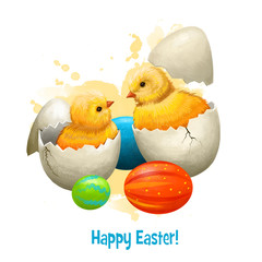 Easter chicken with holiday eggs isolated on white. Traditional little hen symbol of christianity. Happy Easter digital banner in cartoon style. Springtime poster. Clip art greeting card