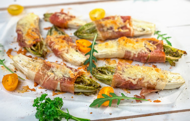 Roasted witlof with prosciutto and  mozzarella