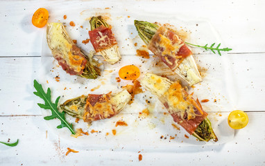 Roasted witlof with prosciutto and  mozzarella