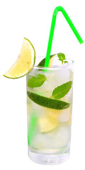 Fruit lemonade with lime and ice cubes and leaf mint in a highba