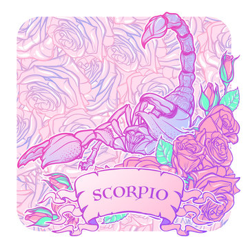 Zodiac sign Scorpio. Detailed realistic scorpio in a decorative frame of roses. Vector drawing isolated on floral pattern. Concept art for tattoo design, horoscope, coloring book for adults page.