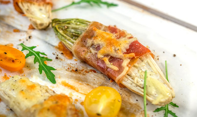 Roasted witlof with prosciutto and  mozzarella