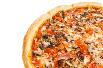 Fragment of delicious classic italian Pizza Carbonara with ham, tomatoes, mushrooms and cheese