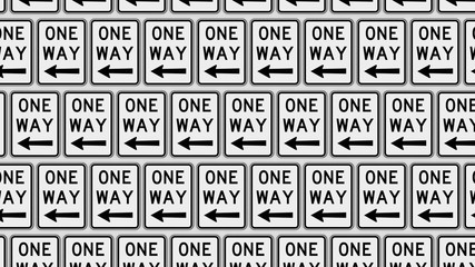 Fototapeta premium Ordered grid of left pointing one way traffic signs. This image is a 3d illustration.