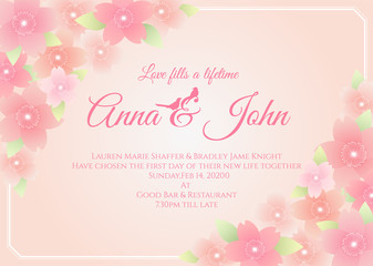 Fototapeta na wymiar Wedding card - sakura flower frame on soft pink background vector template design