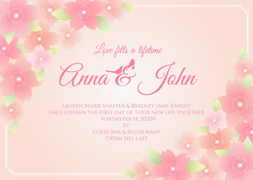 Wedding card - sakura flower frame on soft pink background vector template design