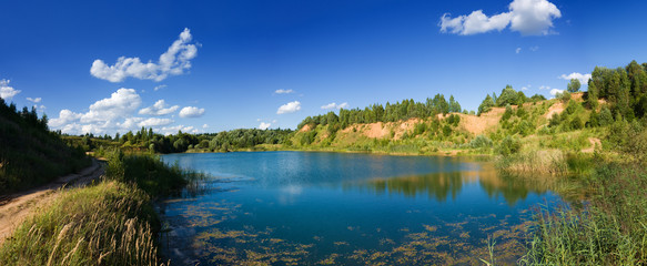 Forest lake panoramic view landscape