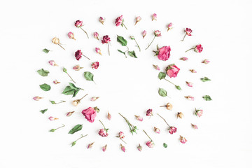 Flowers composition. Frame made of dried rose flowers. Flat lay, top view
