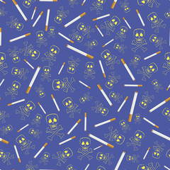 Burning Cigarette and Skull Seamless Pattern on Blue Background