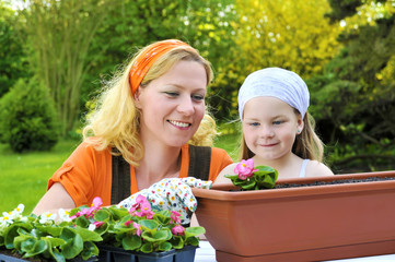 Young woman and little girl gardening in spring, planting flower seedlings, smiling mother and her...