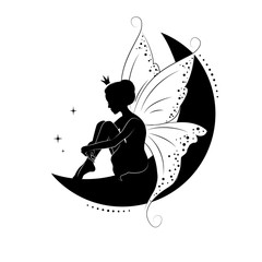 Silhouette of beautiful fairy. Hand drawn, isolated on white background. 