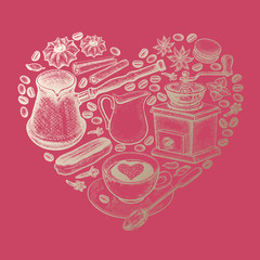 Coffee and dessert in the form of heart vintage illustration.