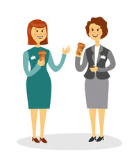 Obraz premium Two colleagues drinking coffee and talking in the office. Two smiling women are drinking coffee in the workplace. Vector illustration.