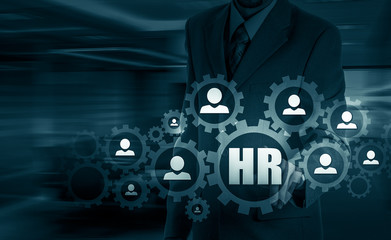 Hand carrying businessman icon network - HR teamwork and leadership concept.